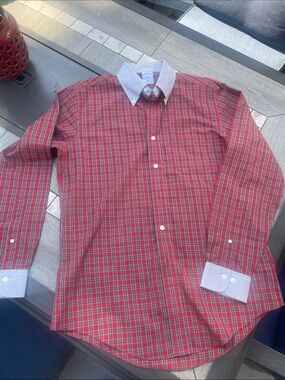 Brooks Brothers Red Plaid Button-Down Shirt with White Contrast Collar